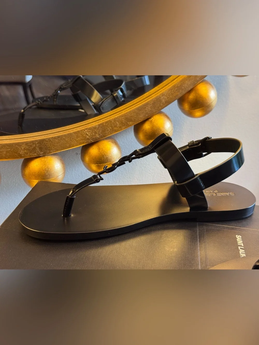 AUTHENTIC Saint Laurent Cassandre Leather Sandals In Black - Size 42
